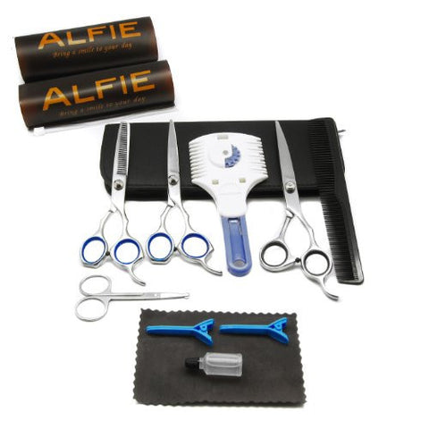 Alfie Pet by Petoga Couture - 10-piece Pet Home Grooming Kit - Curved Scissor- Thinning Shear- Razor Comb Trimmer with 2 Alfie Zip-lock Storage Bags