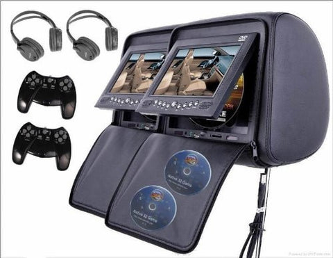Black Color Pair of Headrest 7 LCD Car Monitors with Region Free DVD player USB SD Wireless Dual Channel Headphones and 8 and 32 Bit Games
